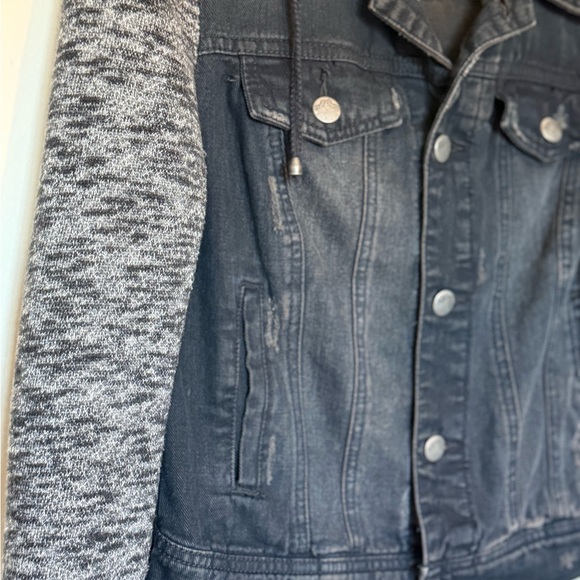 Free People Distressed Black Denim Jacket with Grey Knit Sleeves & Hood in XS - Picture 7 of 12